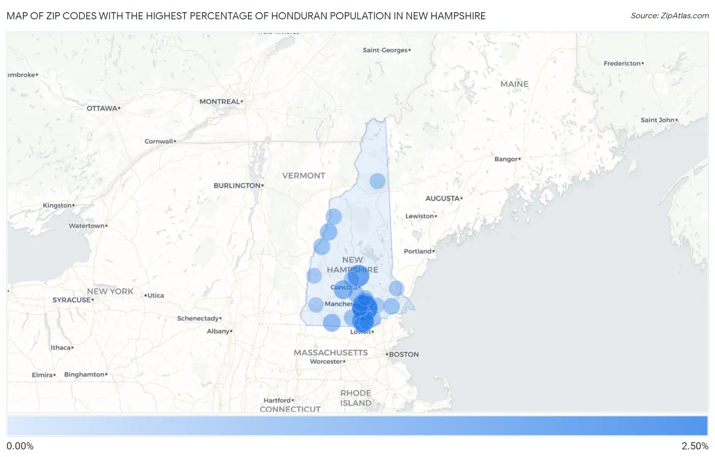 Zip Codes with the Highest Percentage of Honduran Population in New Hampshire Map