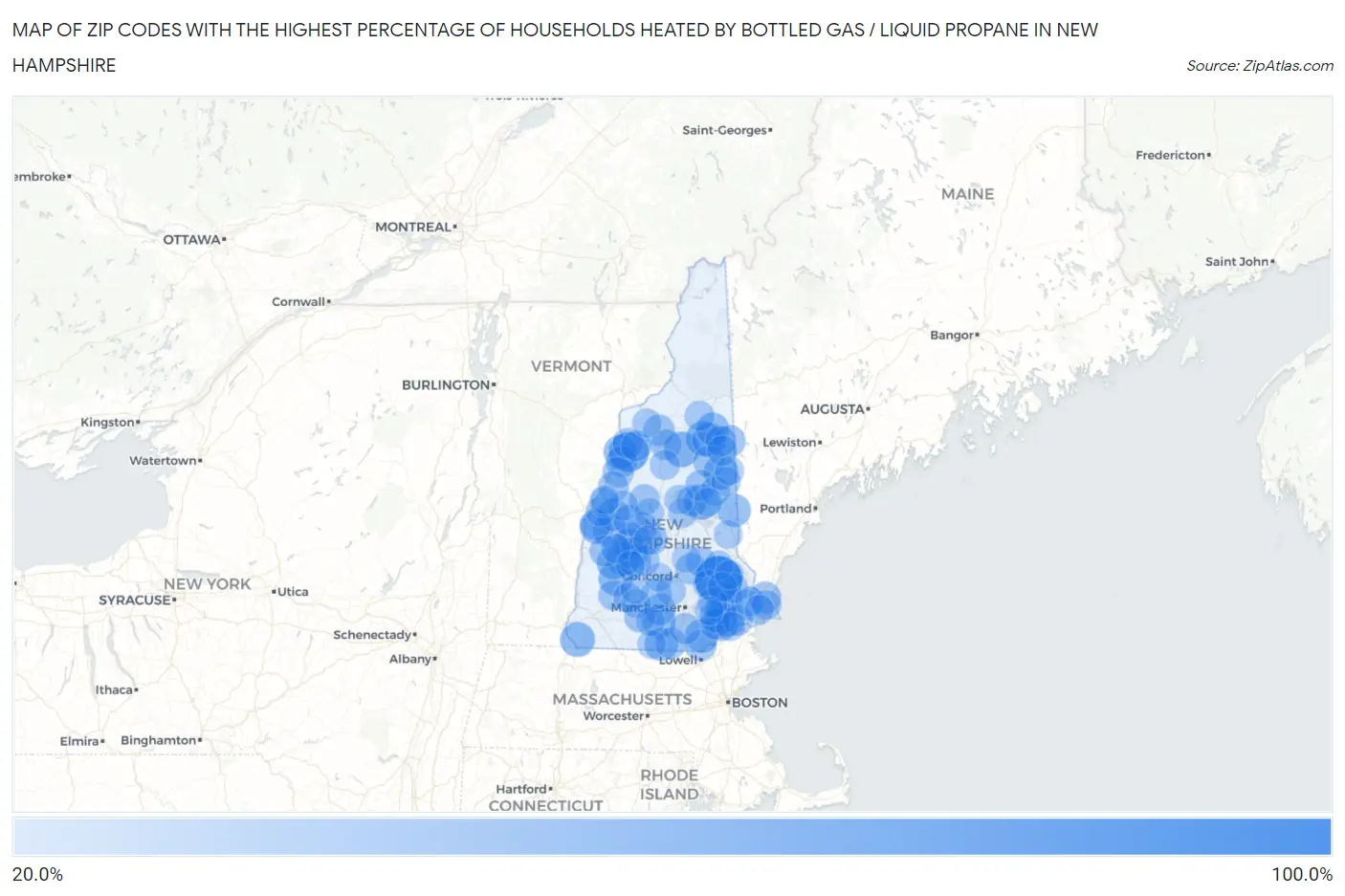 Zip Codes with the Highest Percentage of Households Heated by Bottled Gas / Liquid Propane in New Hampshire Map