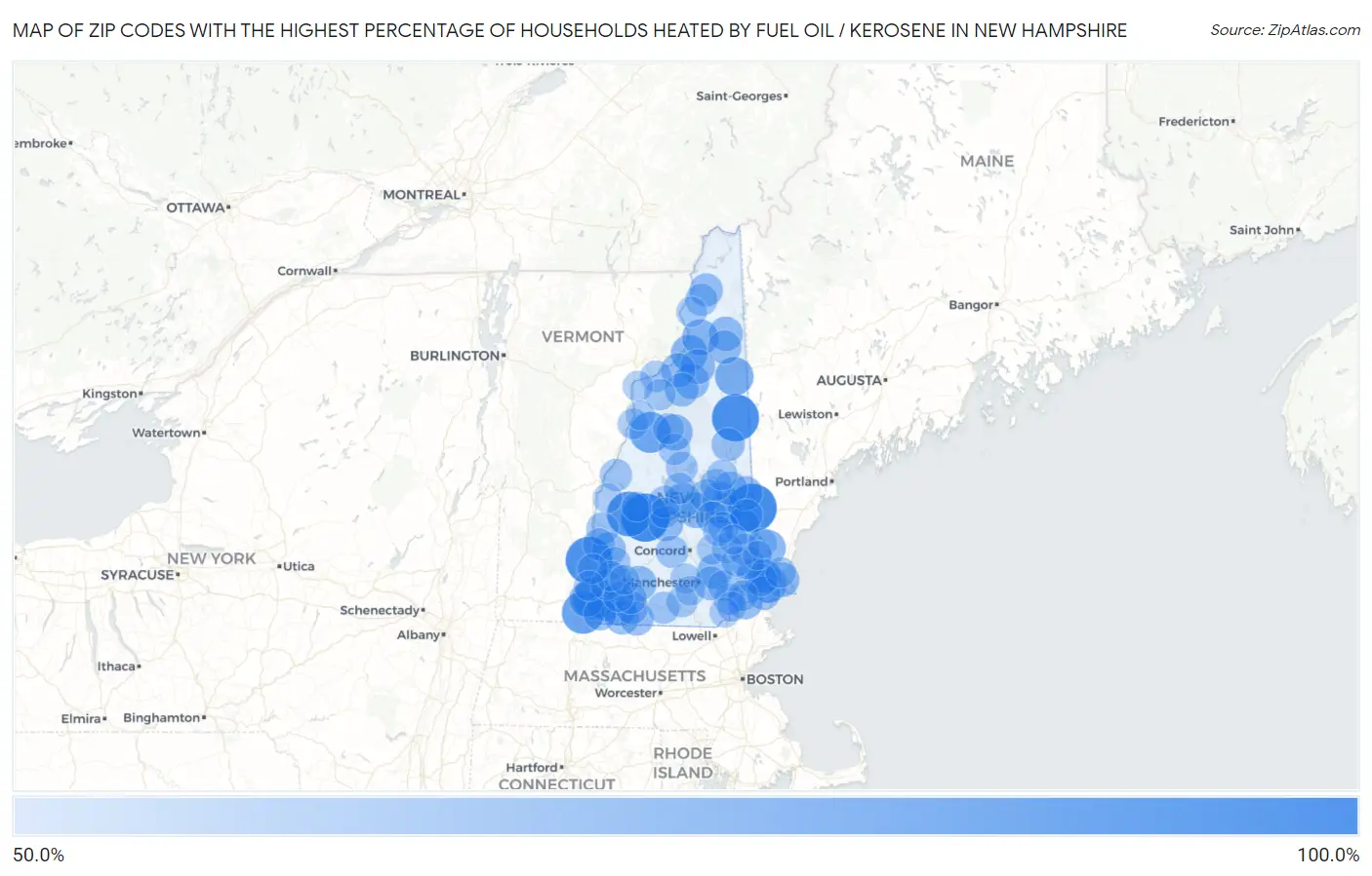 Zip Codes with the Highest Percentage of Households Heated by Fuel Oil / Kerosene in New Hampshire Map