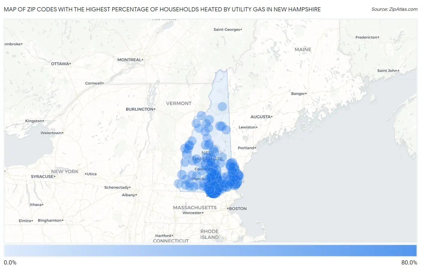 Zip Codes with the Highest Percentage of Households Heated by Utility Gas in New Hampshire Map