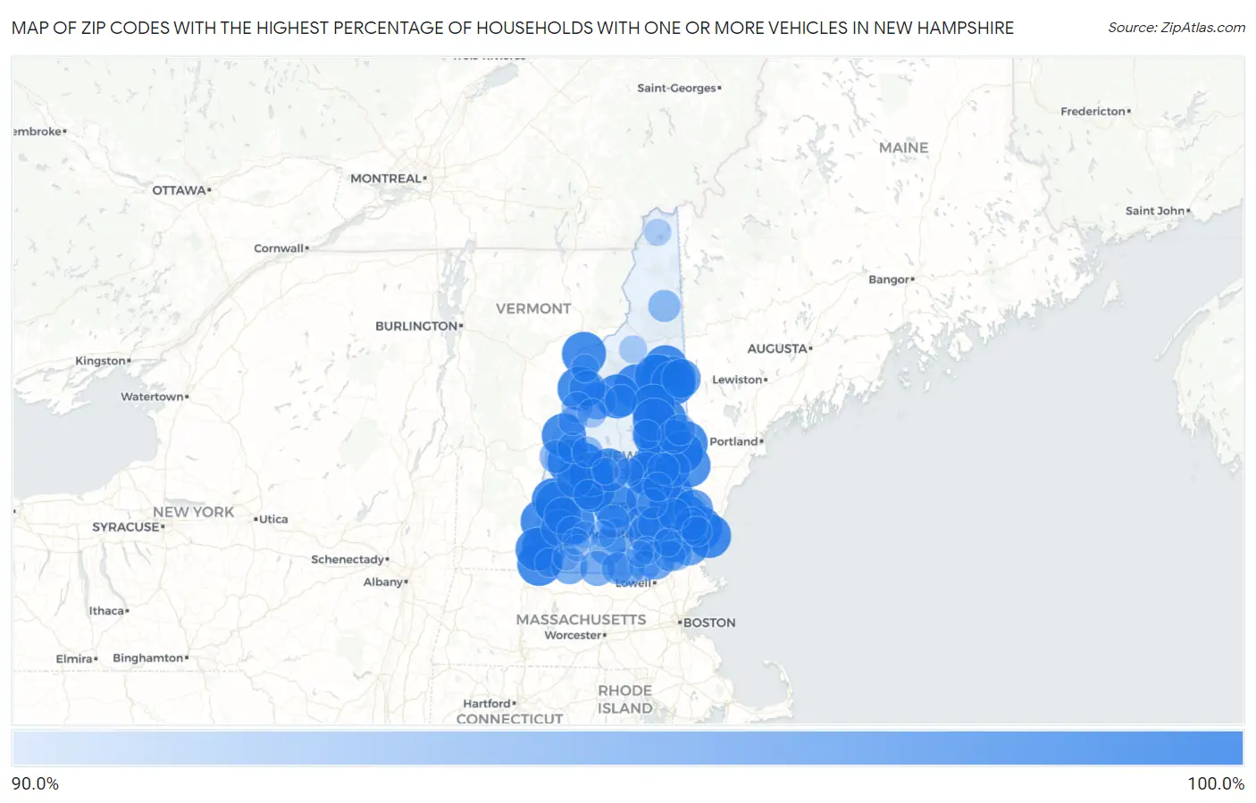 Zip Codes with the Highest Percentage of Households With One or more Vehicles in New Hampshire Map