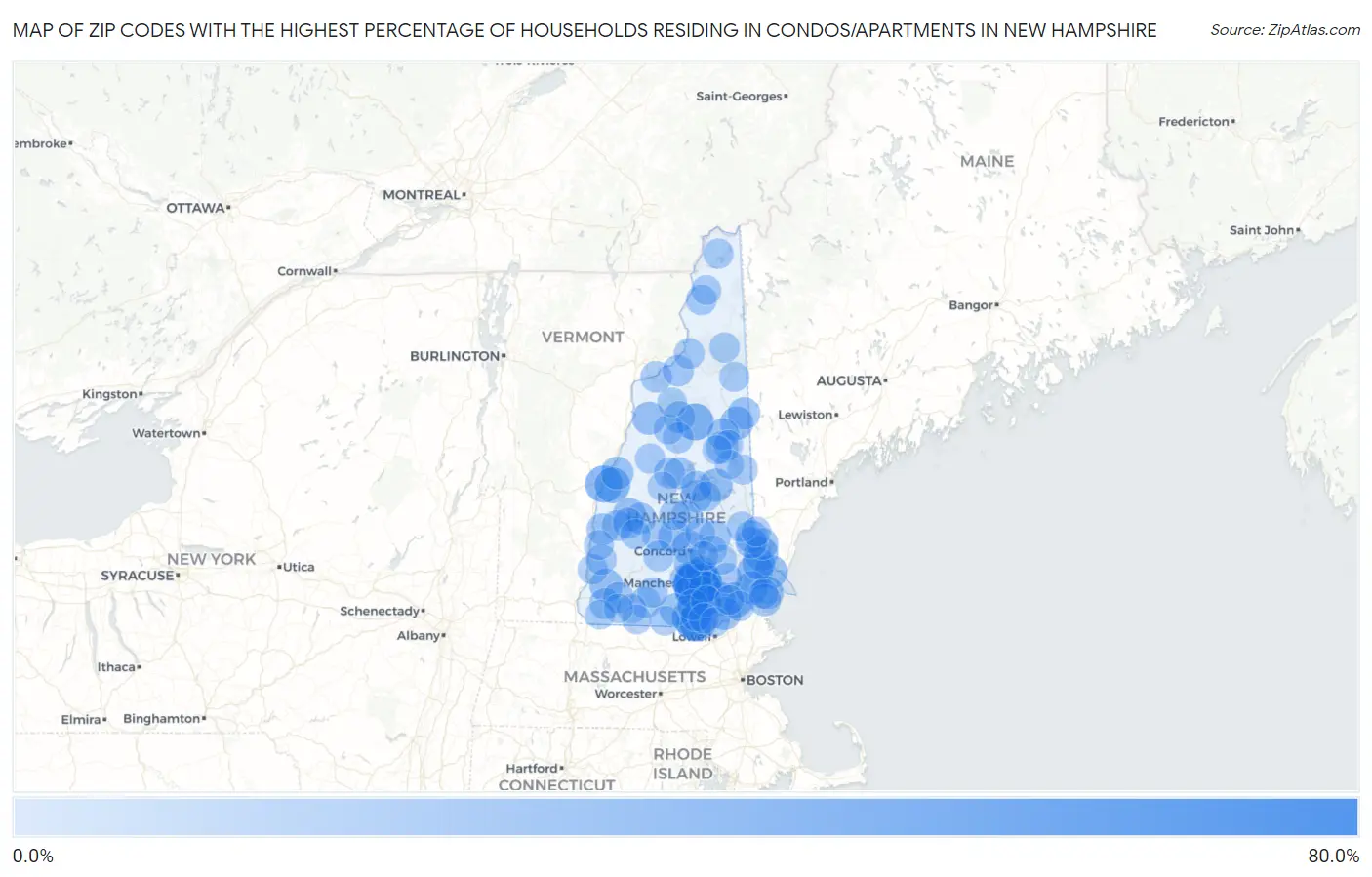 Zip Codes with the Highest Percentage of Households Residing in Condos/Apartments in New Hampshire Map