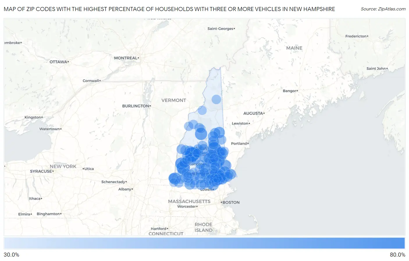 Zip Codes with the Highest Percentage of Households With Three or more Vehicles in New Hampshire Map