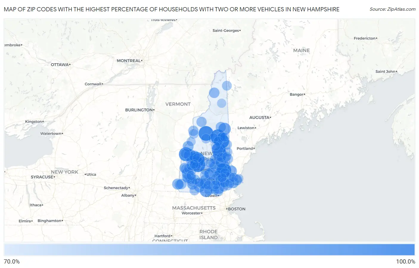 Zip Codes with the Highest Percentage of Households With Two or more Vehicles in New Hampshire Map