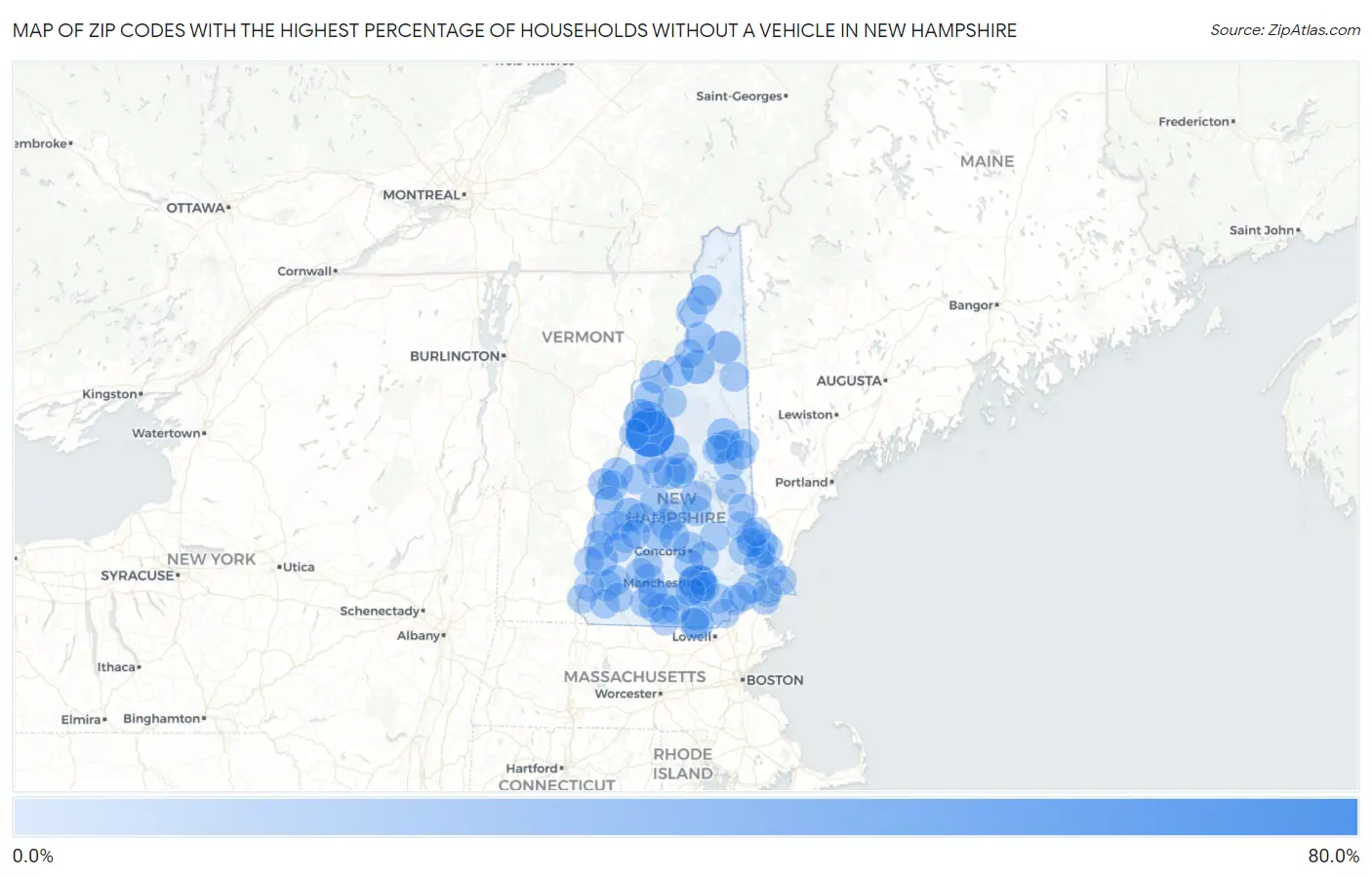 Zip Codes with the Highest Percentage of Households Without a Vehicle in New Hampshire Map