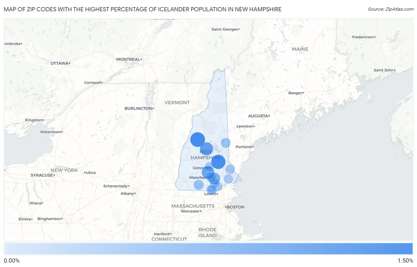 Zip Codes with the Highest Percentage of Icelander Population in New Hampshire Map