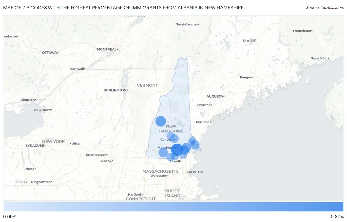 Zip Codes with the Highest Percentage of Immigrants from Albania in New Hampshire Map