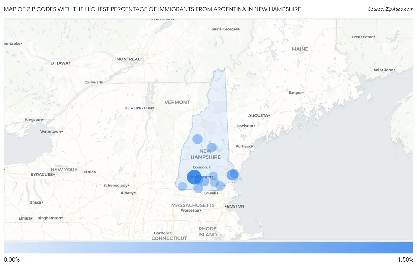 Zip Codes with the Highest Percentage of Immigrants from Argentina in New Hampshire Map