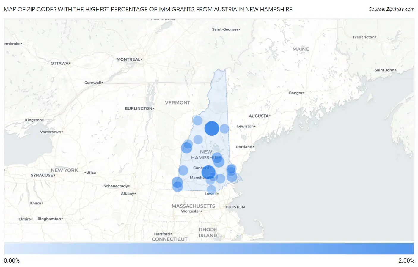 Zip Codes with the Highest Percentage of Immigrants from Austria in New Hampshire Map