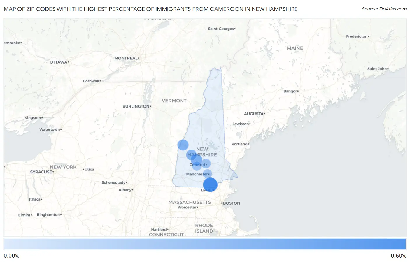 Zip Codes with the Highest Percentage of Immigrants from Cameroon in New Hampshire Map