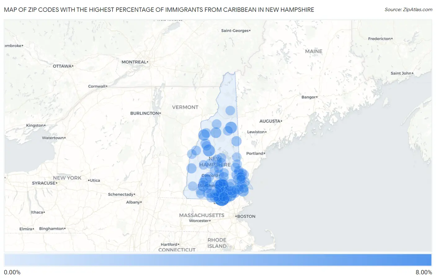Zip Codes with the Highest Percentage of Immigrants from Caribbean in New Hampshire Map