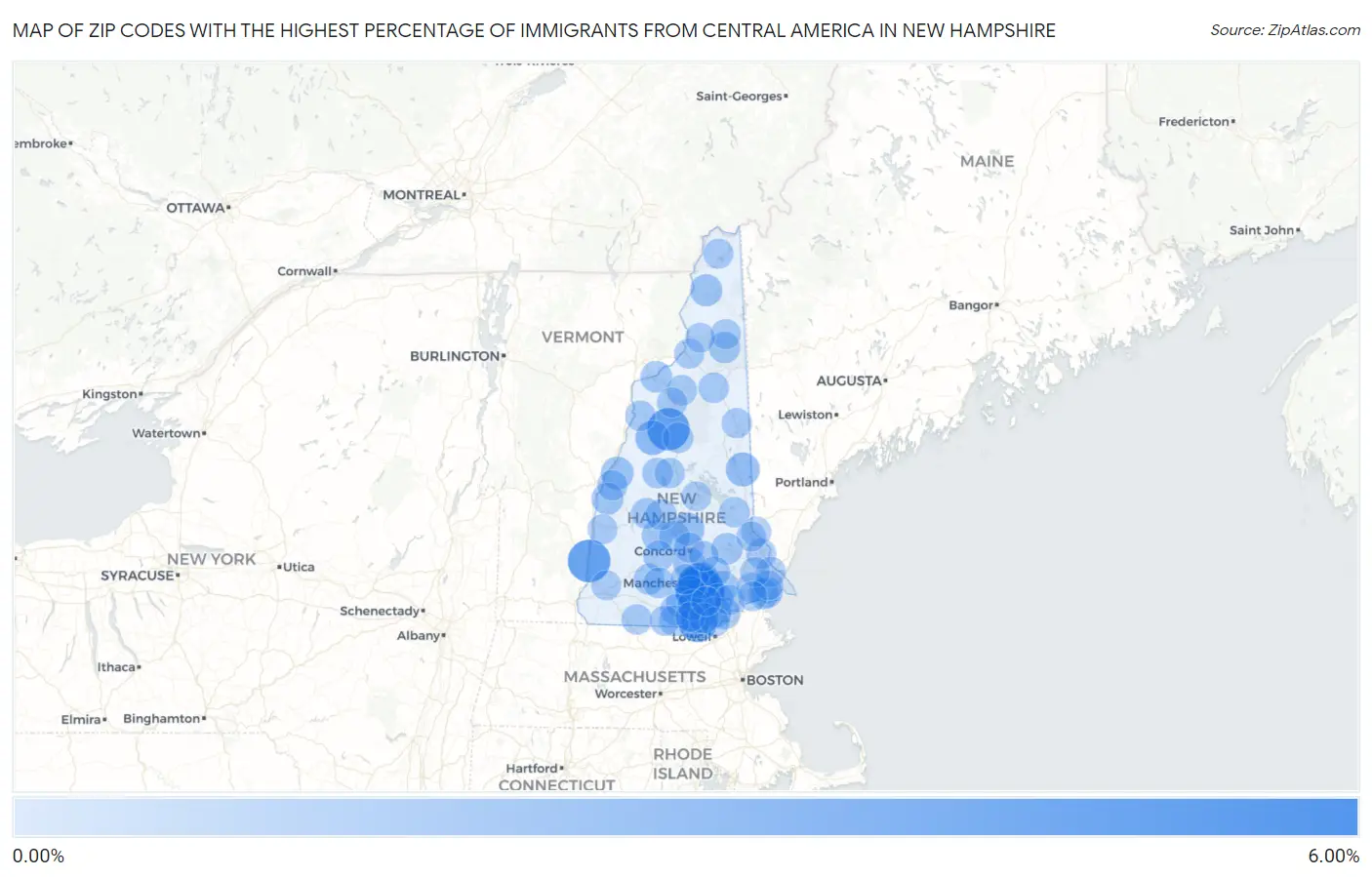 Zip Codes with the Highest Percentage of Immigrants from Central America in New Hampshire Map