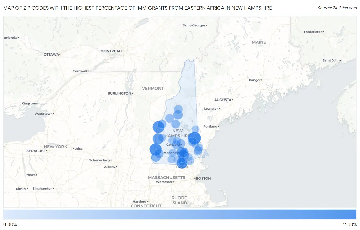 Zip Codes with the Highest Percentage of Immigrants from Eastern Africa in New Hampshire Map