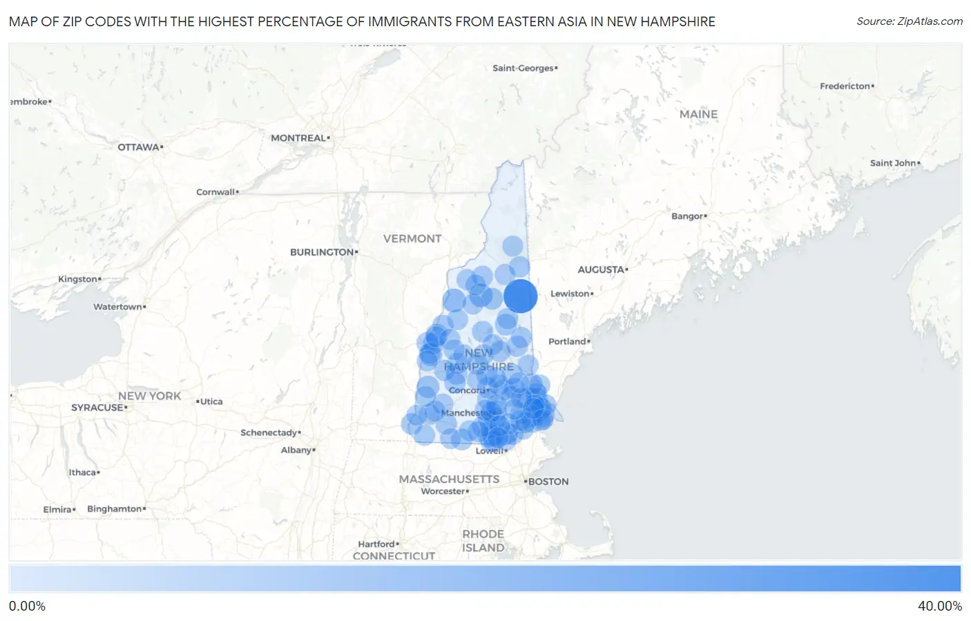 Zip Codes with the Highest Percentage of Immigrants from Eastern Asia in New Hampshire Map