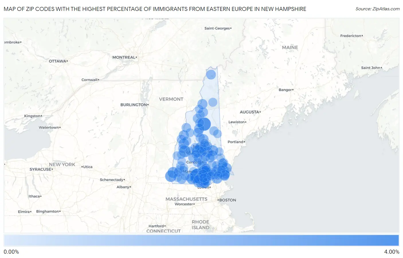 Zip Codes with the Highest Percentage of Immigrants from Eastern Europe in New Hampshire Map