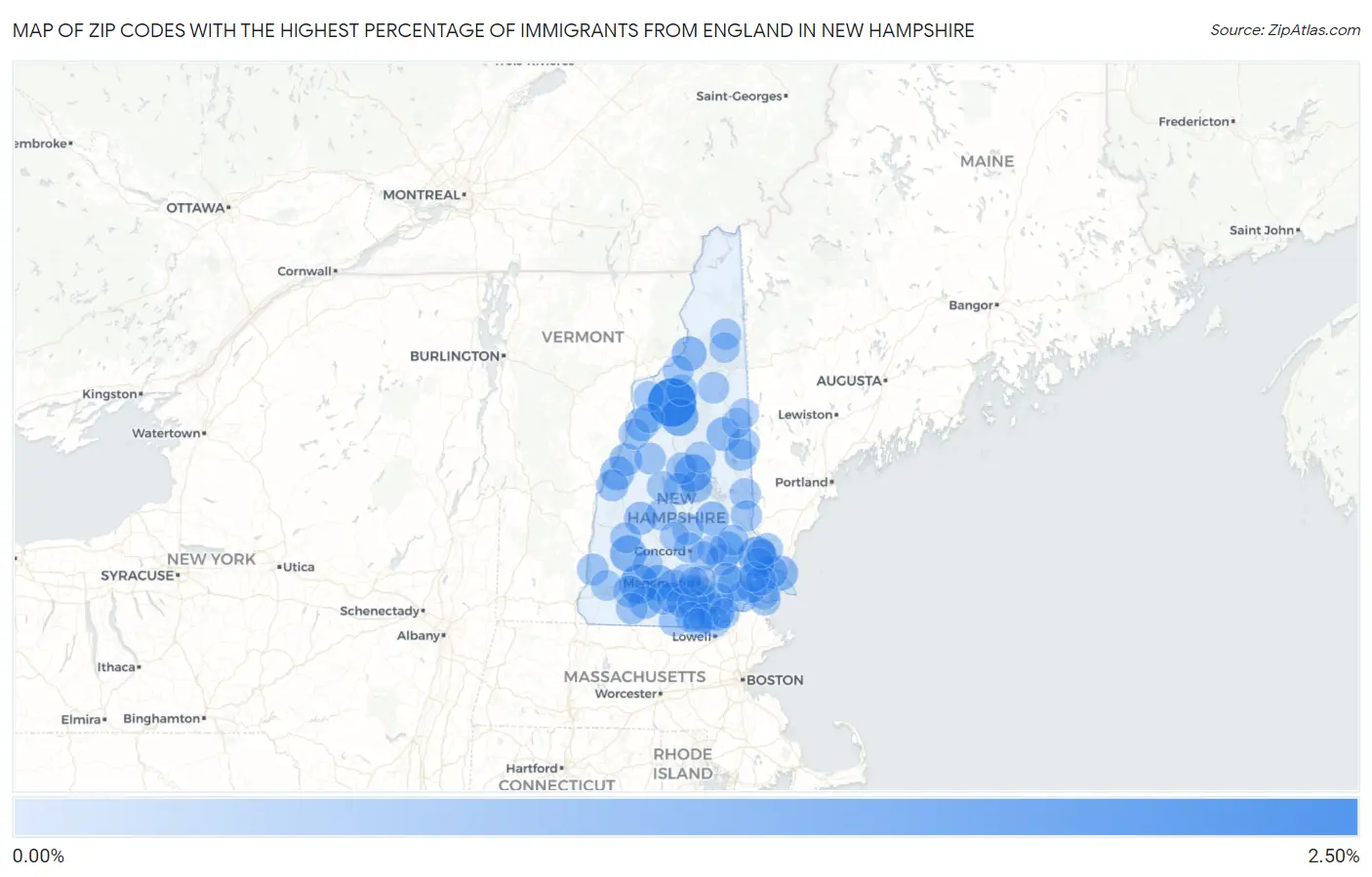 Zip Codes with the Highest Percentage of Immigrants from England in New Hampshire Map