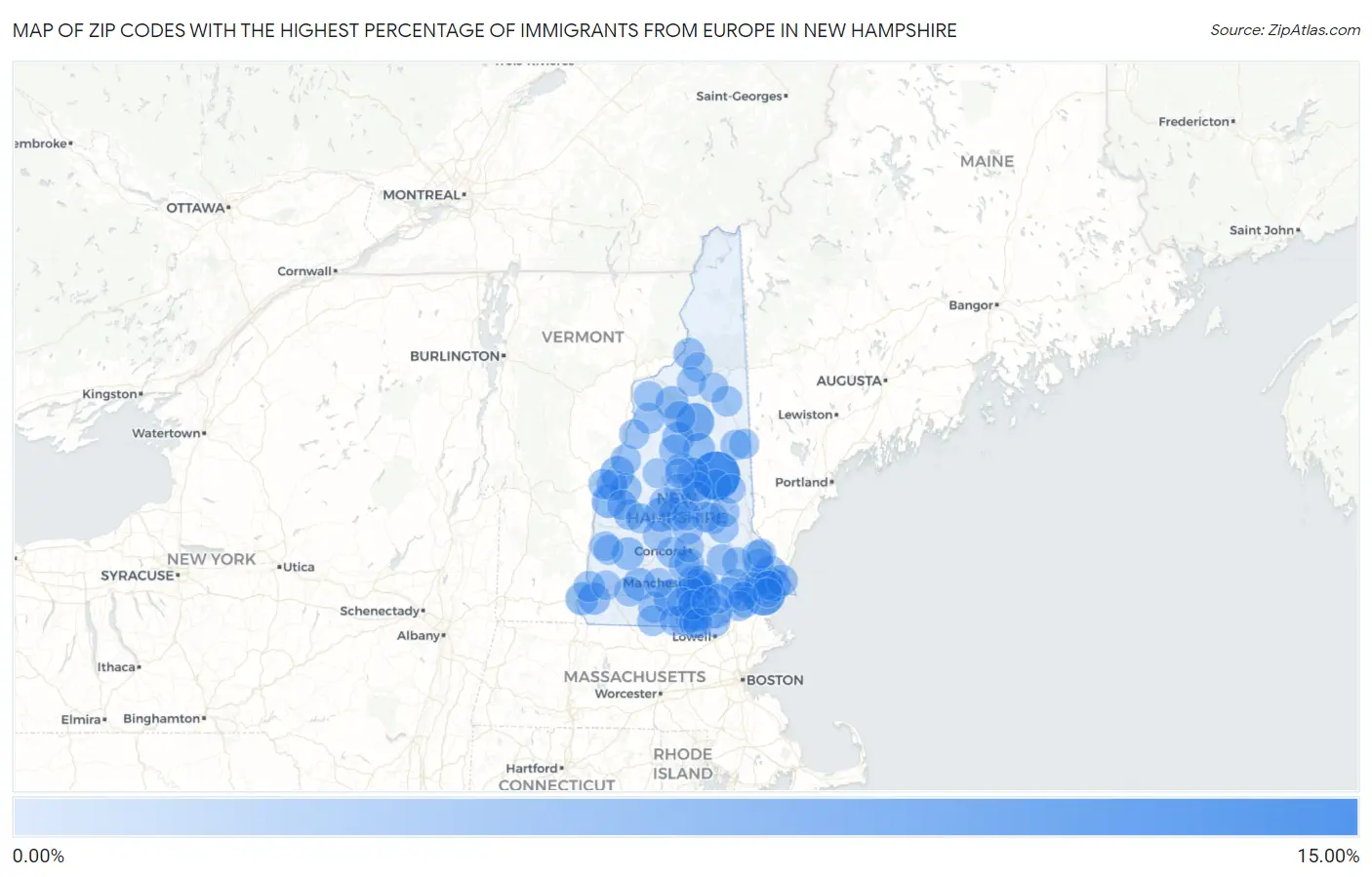 Zip Codes with the Highest Percentage of Immigrants from Europe in New Hampshire Map
