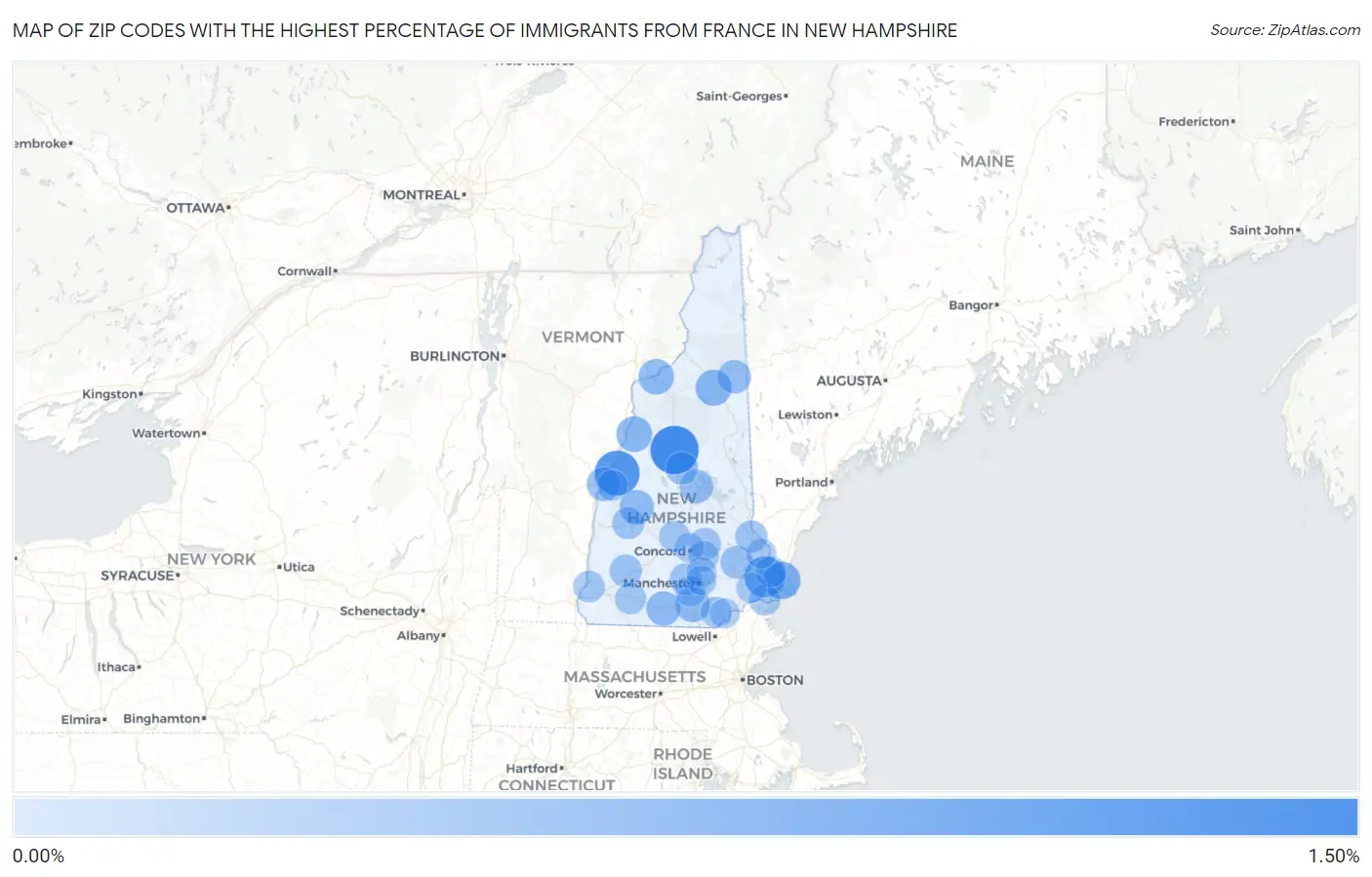 Zip Codes with the Highest Percentage of Immigrants from France in New Hampshire Map