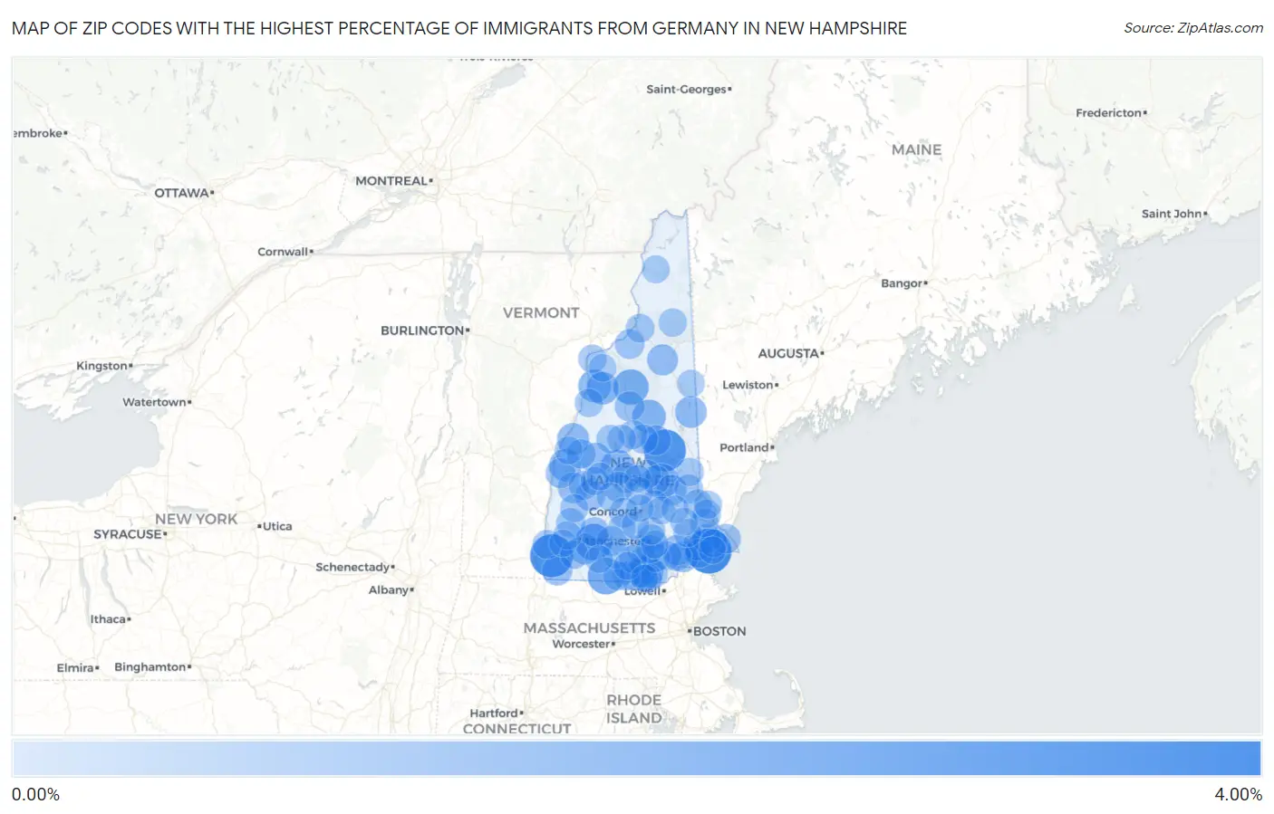 Zip Codes with the Highest Percentage of Immigrants from Germany in New Hampshire Map