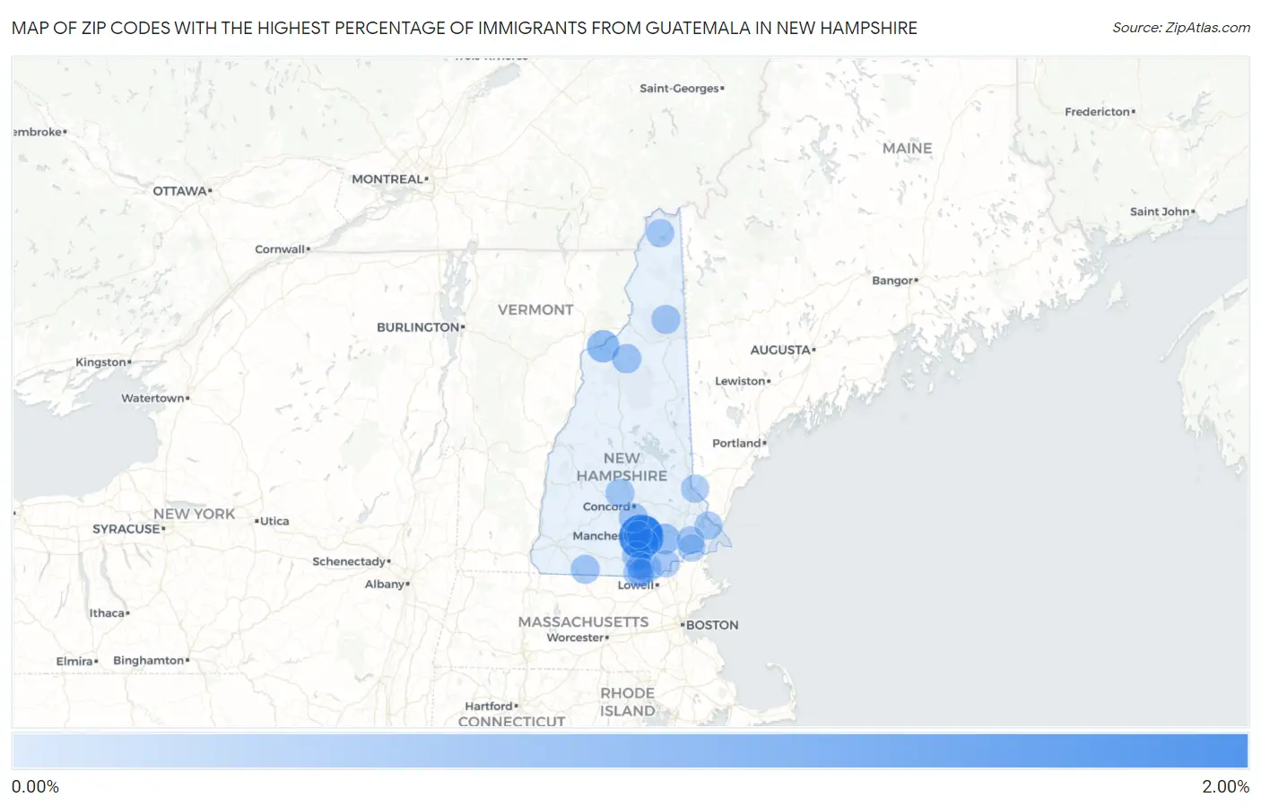 Zip Codes with the Highest Percentage of Immigrants from Guatemala in New Hampshire Map