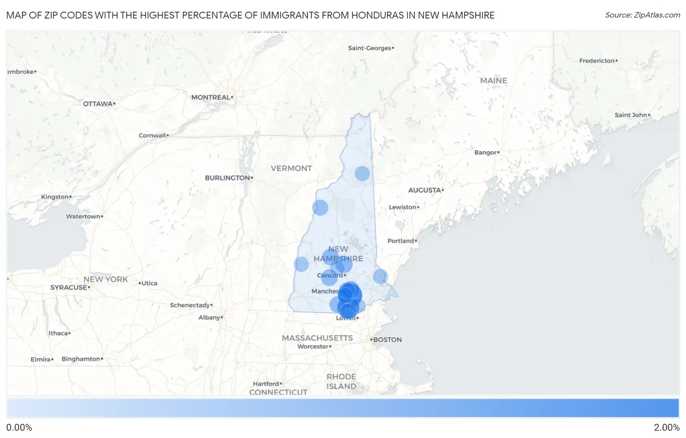 Zip Codes with the Highest Percentage of Immigrants from Honduras in New Hampshire Map
