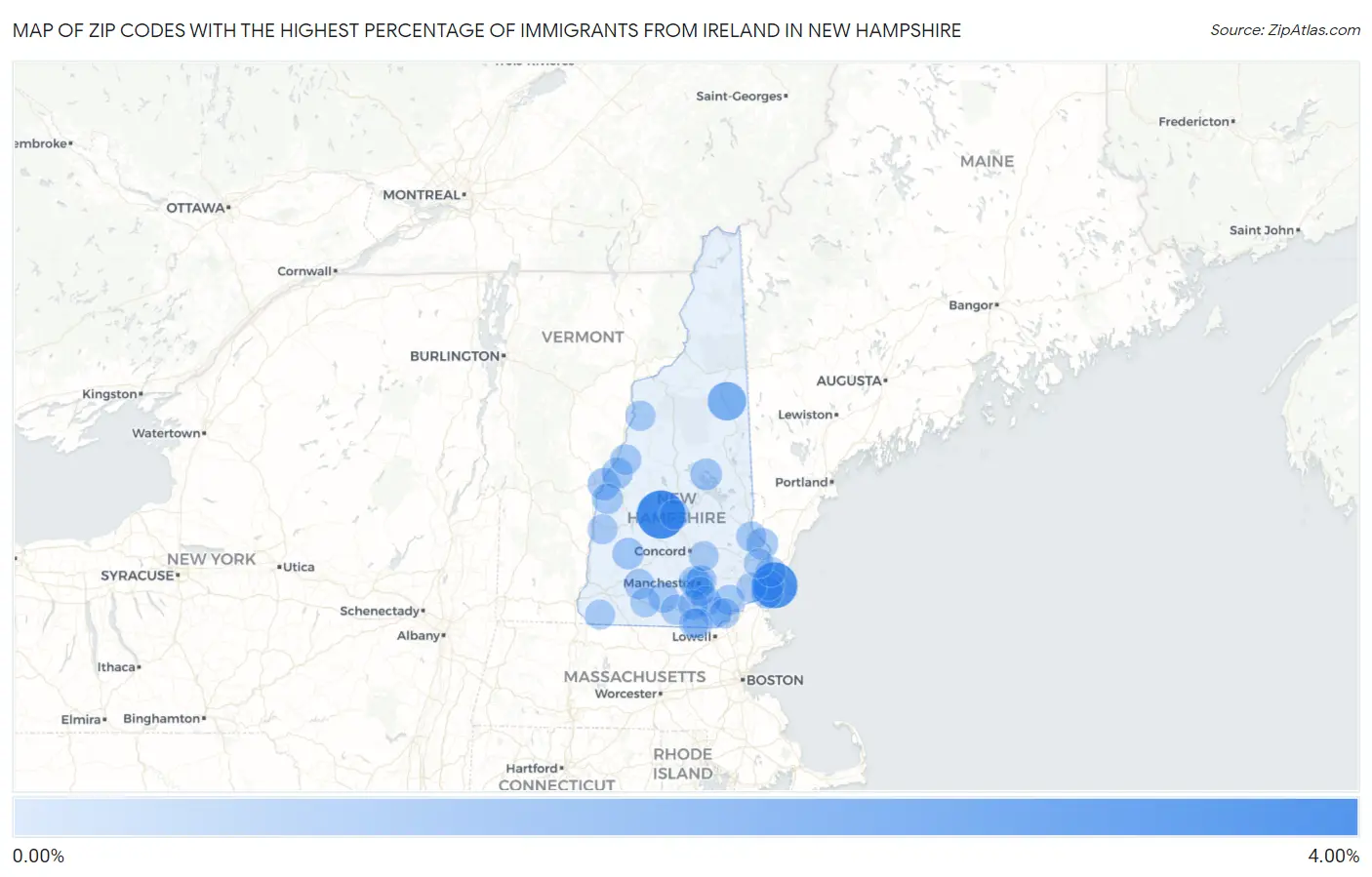 Zip Codes with the Highest Percentage of Immigrants from Ireland in New Hampshire Map