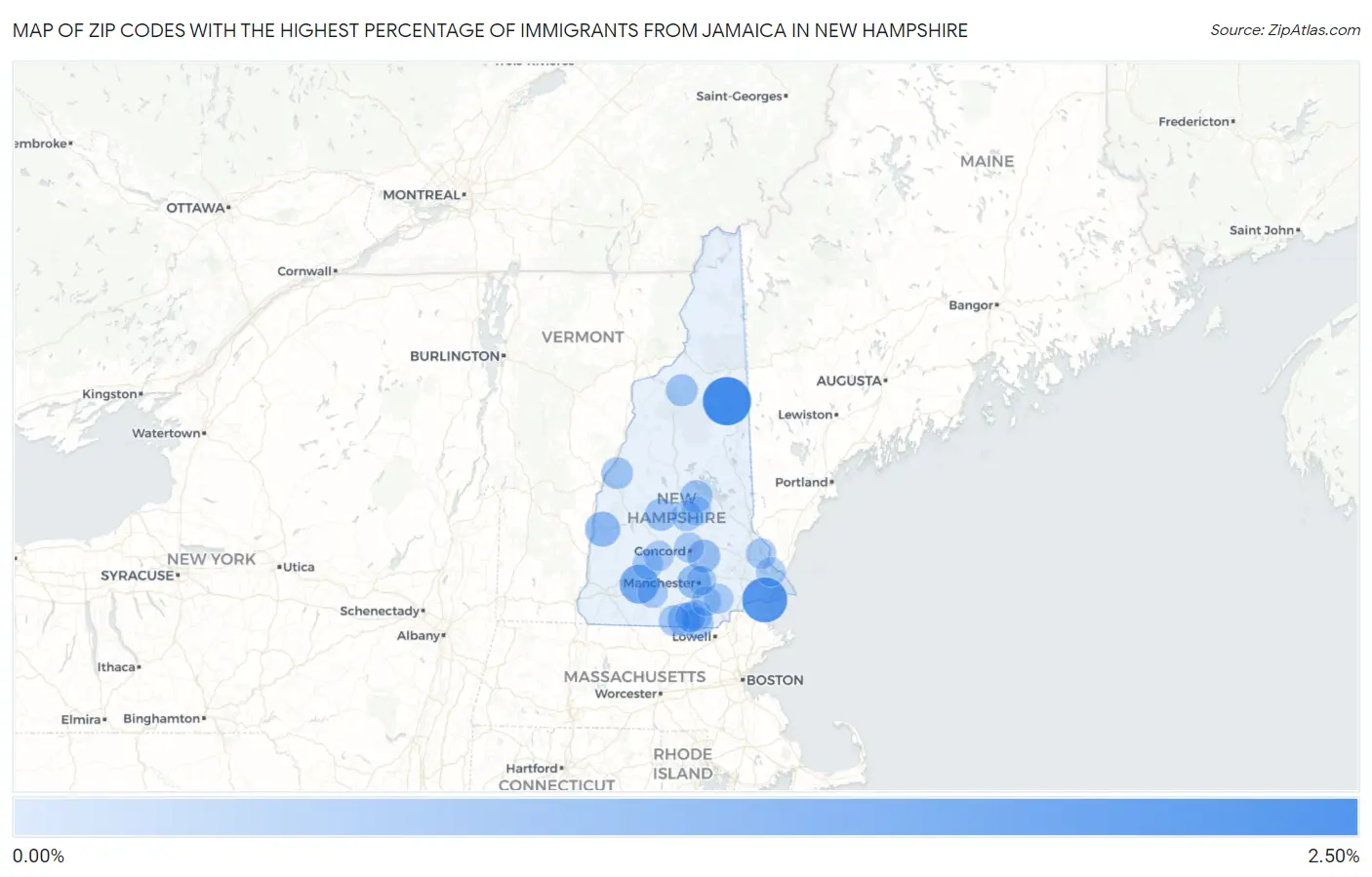 Zip Codes with the Highest Percentage of Immigrants from Jamaica in New Hampshire Map