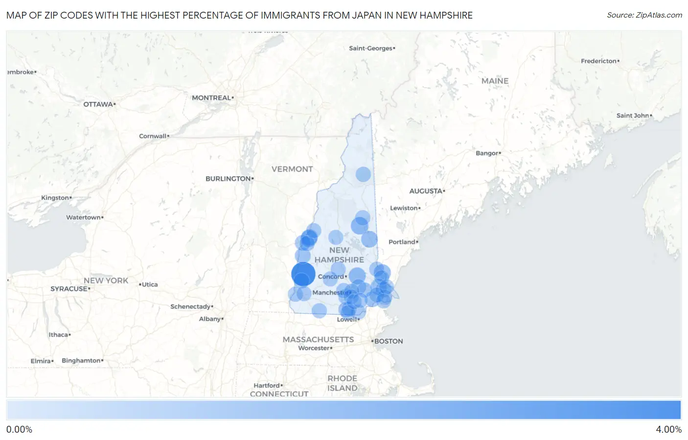 Zip Codes with the Highest Percentage of Immigrants from Japan in New Hampshire Map
