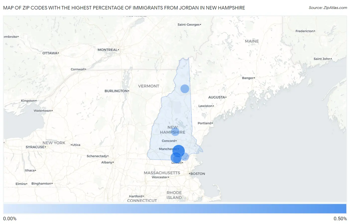Zip Codes with the Highest Percentage of Immigrants from Jordan in New Hampshire Map