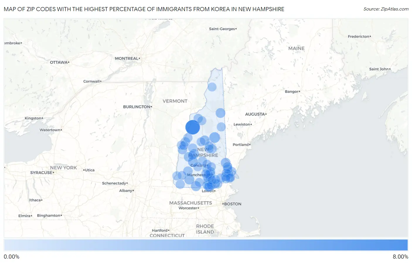 Zip Codes with the Highest Percentage of Immigrants from Korea in New Hampshire Map