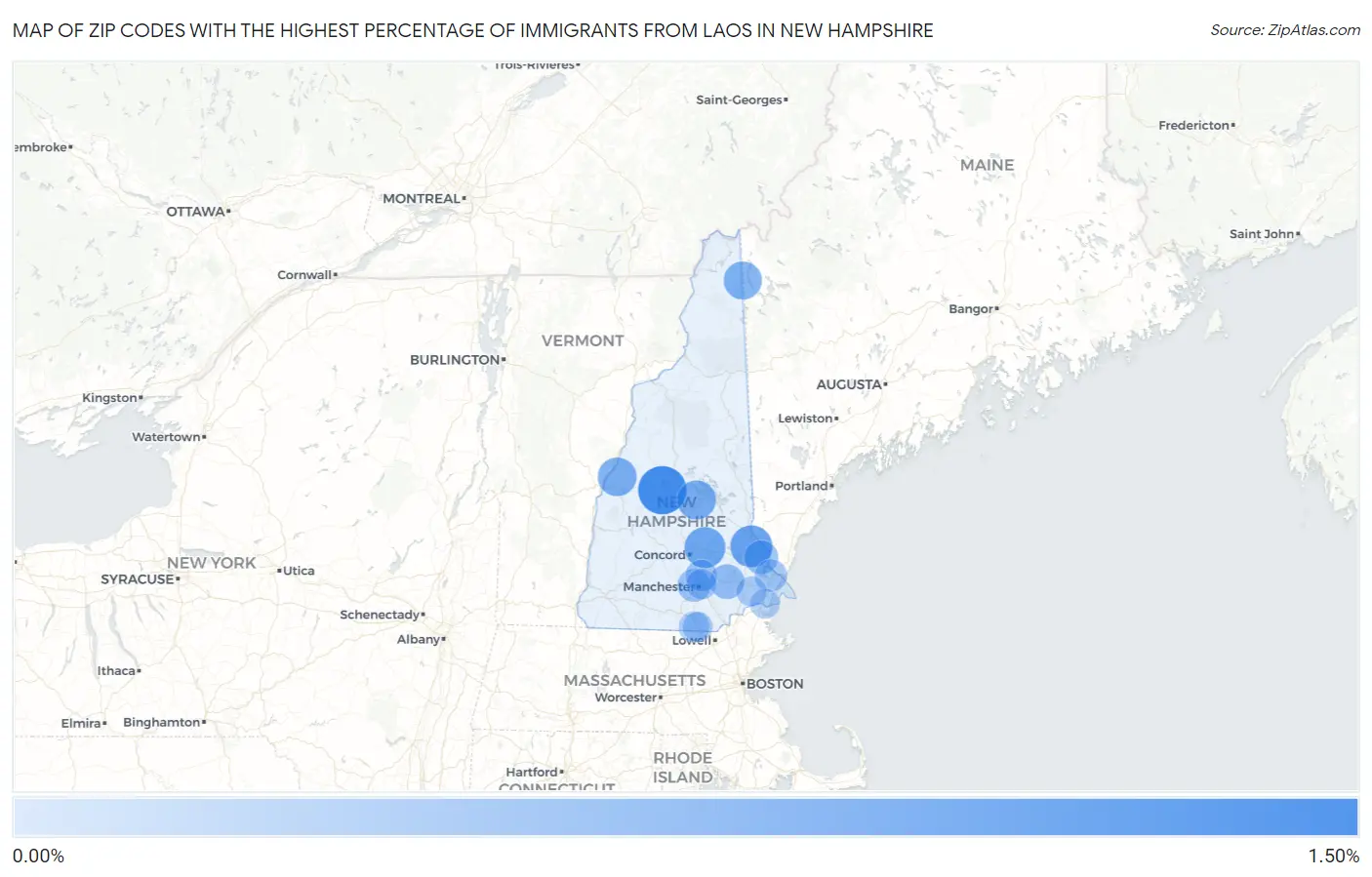 Zip Codes with the Highest Percentage of Immigrants from Laos in New Hampshire Map