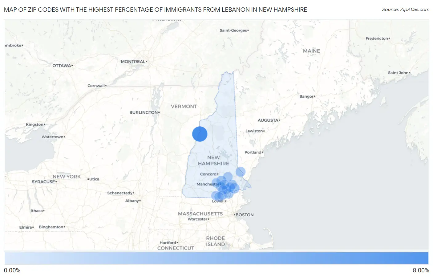 Zip Codes with the Highest Percentage of Immigrants from Lebanon in New Hampshire Map