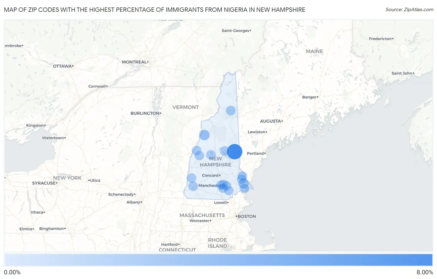 Zip Codes with the Highest Percentage of Immigrants from Nigeria in New Hampshire Map