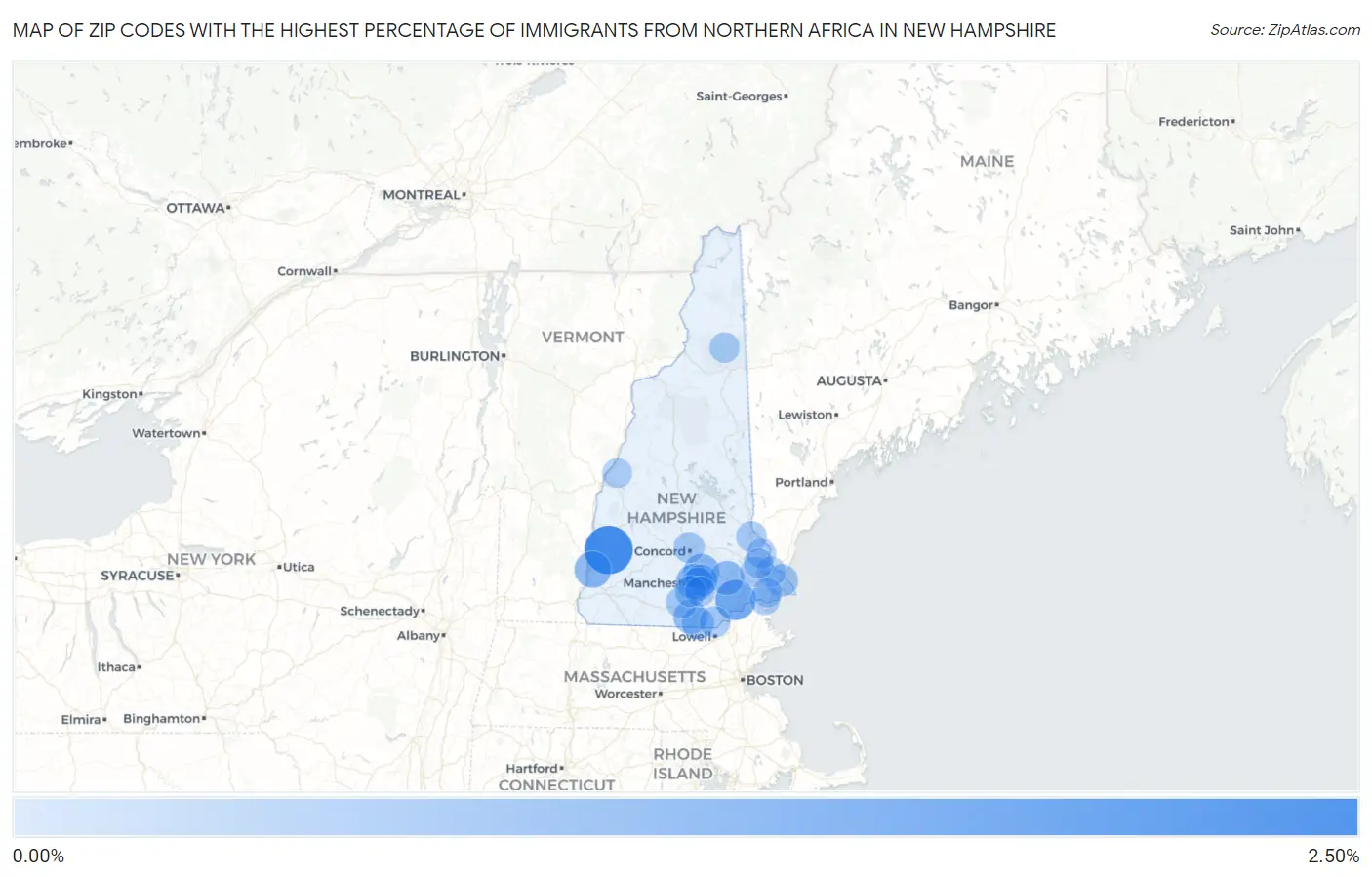Zip Codes with the Highest Percentage of Immigrants from Northern Africa in New Hampshire Map