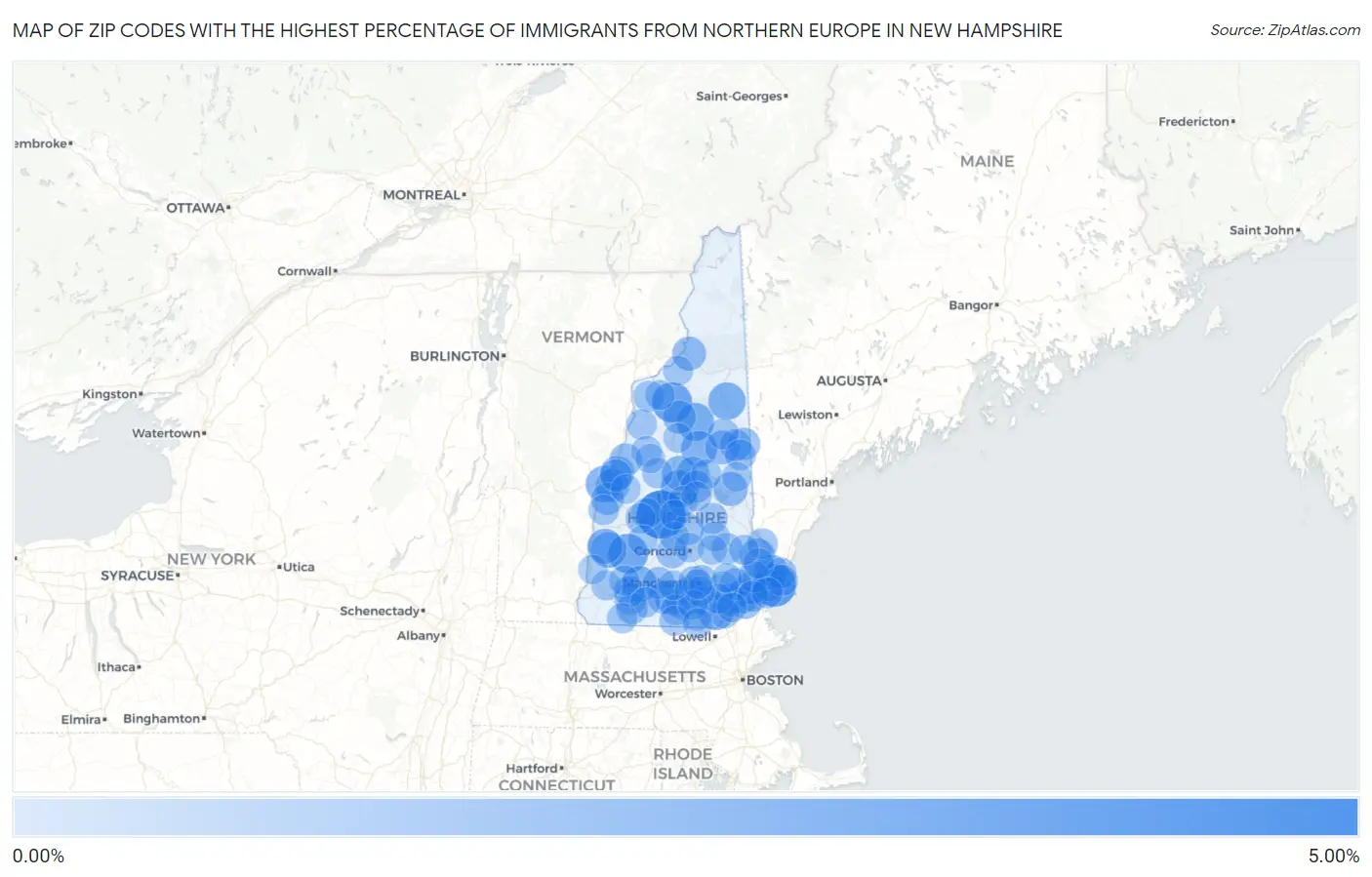 Zip Codes with the Highest Percentage of Immigrants from Northern Europe in New Hampshire Map