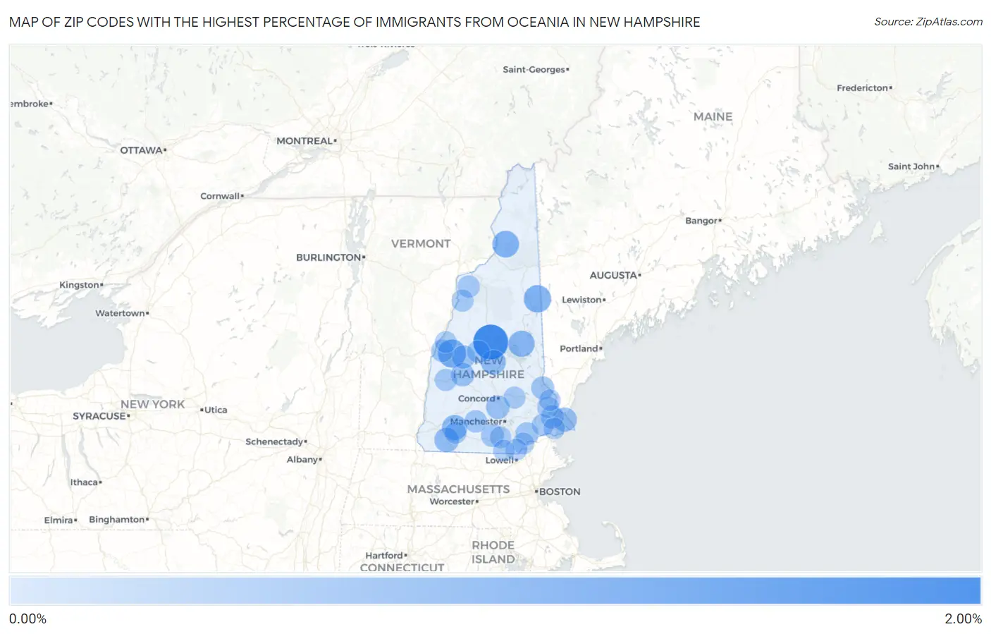 Zip Codes with the Highest Percentage of Immigrants from Oceania in New Hampshire Map