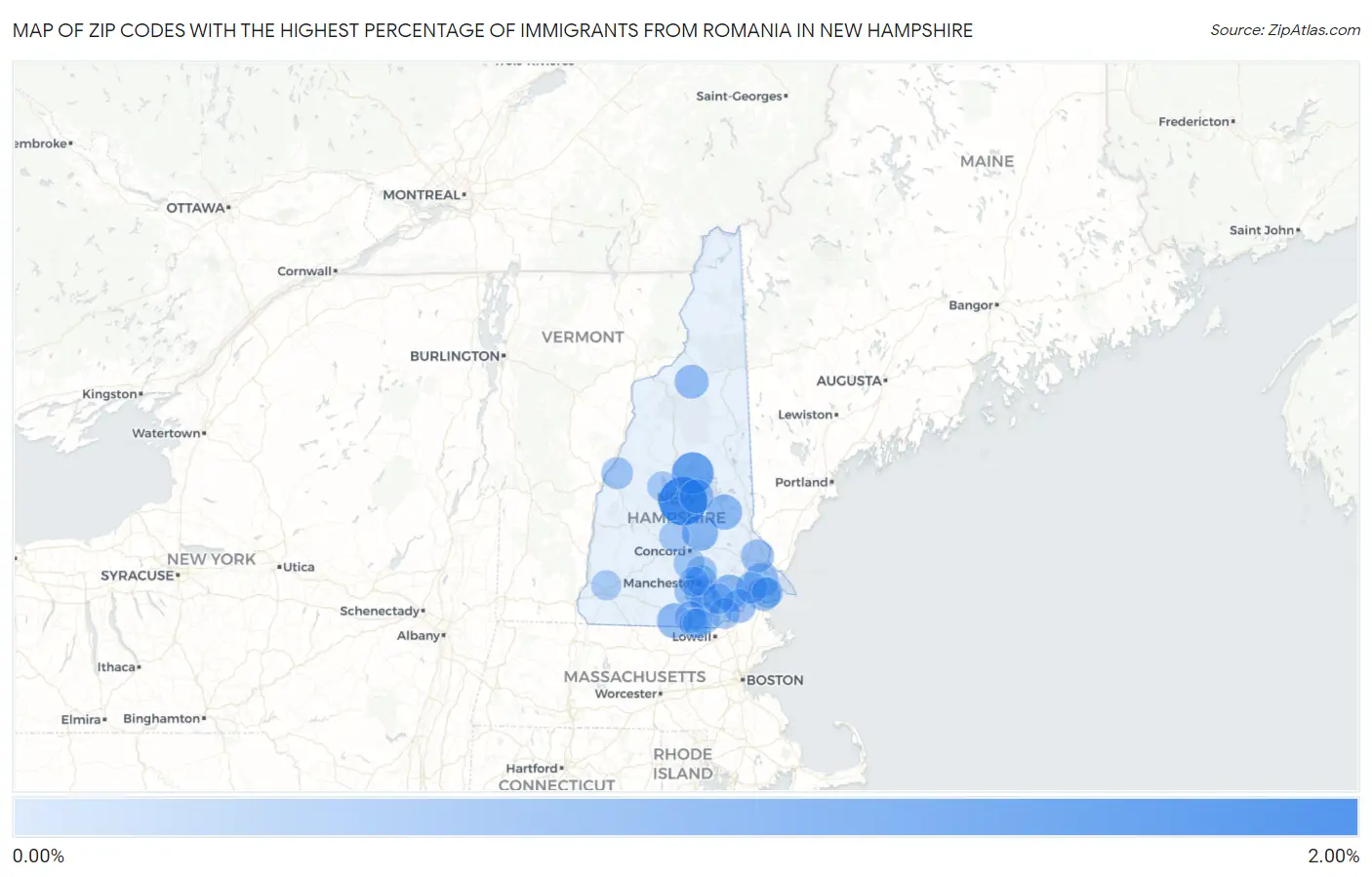 Zip Codes with the Highest Percentage of Immigrants from Romania in New Hampshire Map
