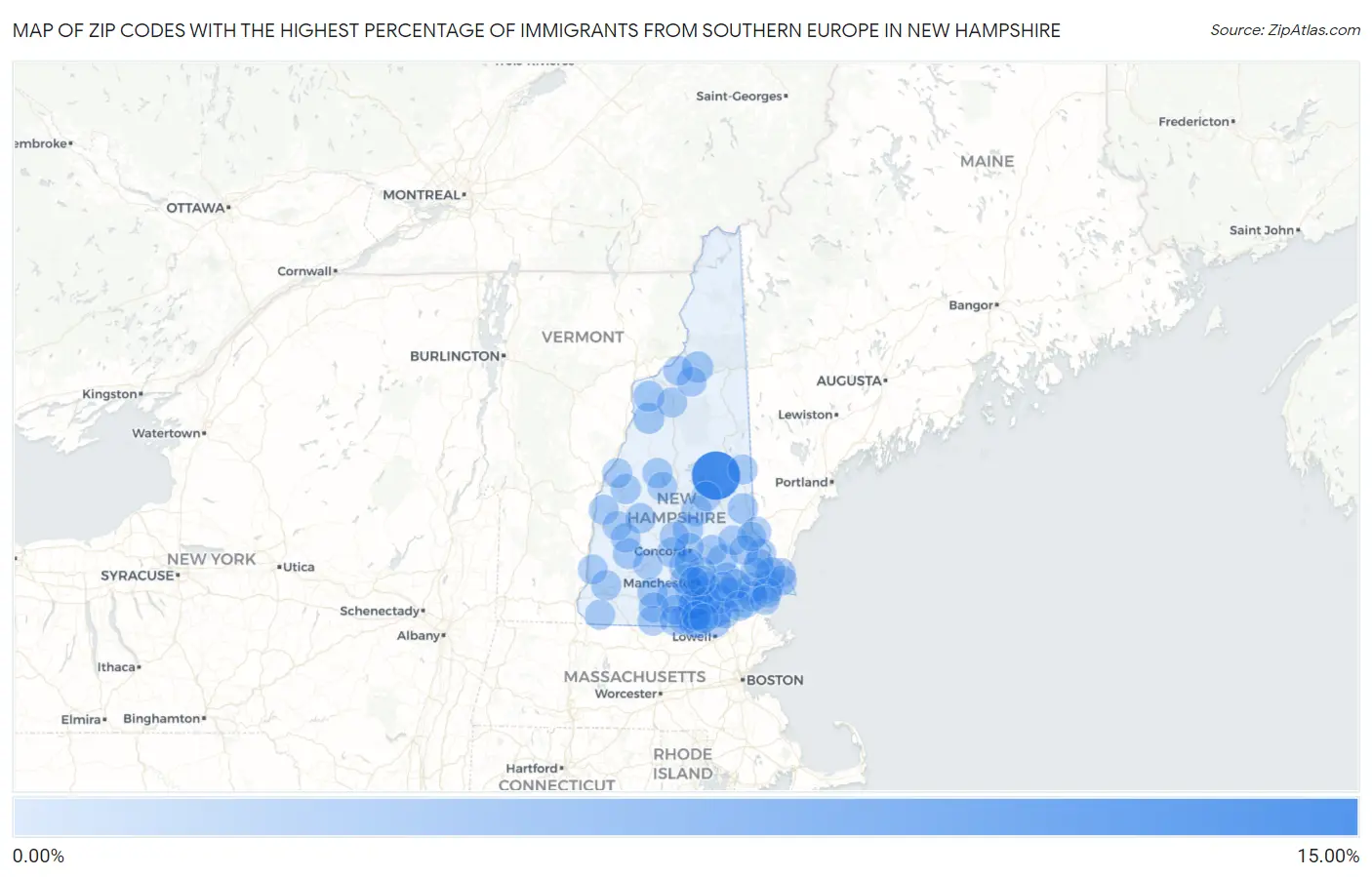 Zip Codes with the Highest Percentage of Immigrants from Southern Europe in New Hampshire Map