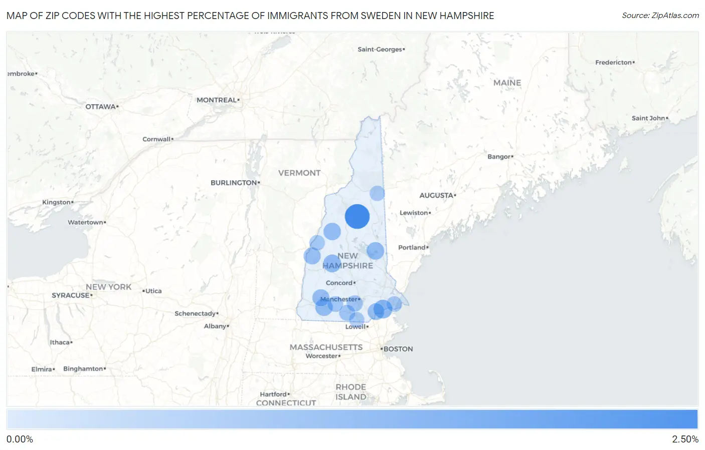 Zip Codes with the Highest Percentage of Immigrants from Sweden in New Hampshire Map