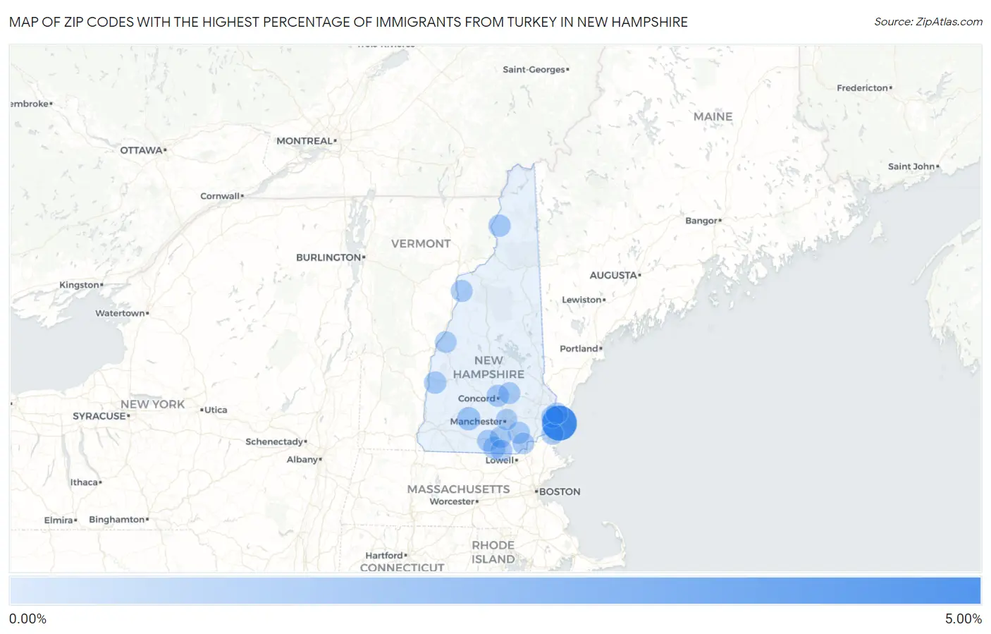 Zip Codes with the Highest Percentage of Immigrants from Turkey in New Hampshire Map