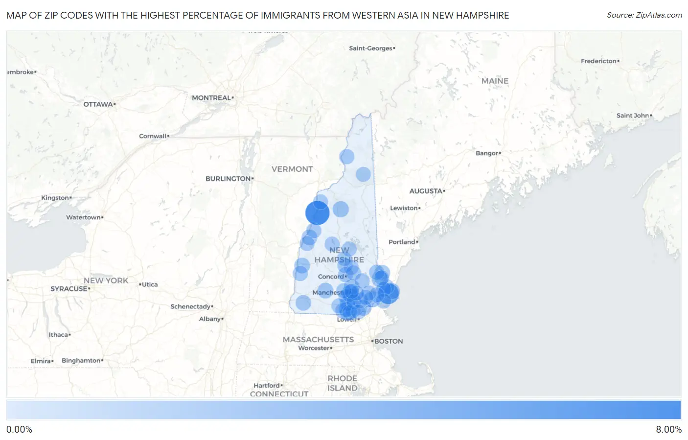 Zip Codes with the Highest Percentage of Immigrants from Western Asia in New Hampshire Map