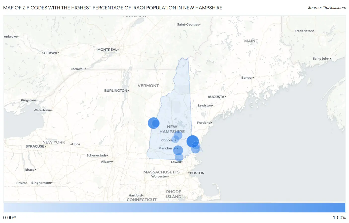 Zip Codes with the Highest Percentage of Iraqi Population in New Hampshire Map