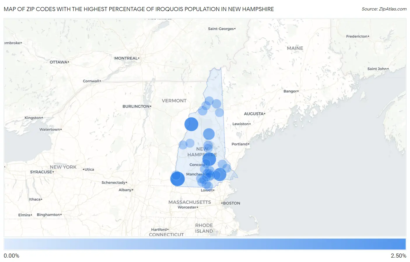 Zip Codes with the Highest Percentage of Iroquois Population in New Hampshire Map
