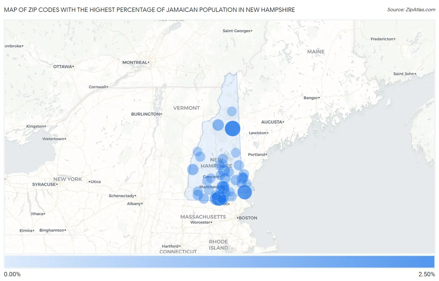 Zip Codes with the Highest Percentage of Jamaican Population in New Hampshire Map