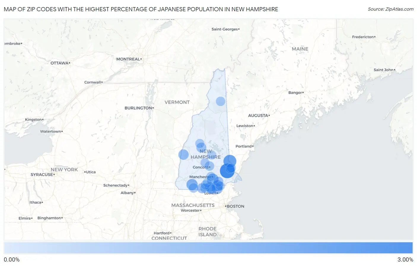 Zip Codes with the Highest Percentage of Japanese Population in New Hampshire Map
