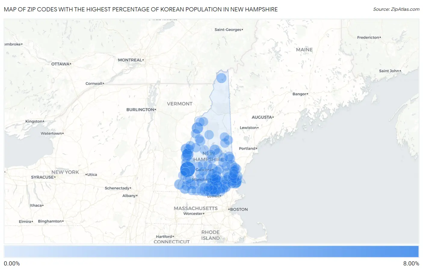 Zip Codes with the Highest Percentage of Korean Population in New Hampshire Map