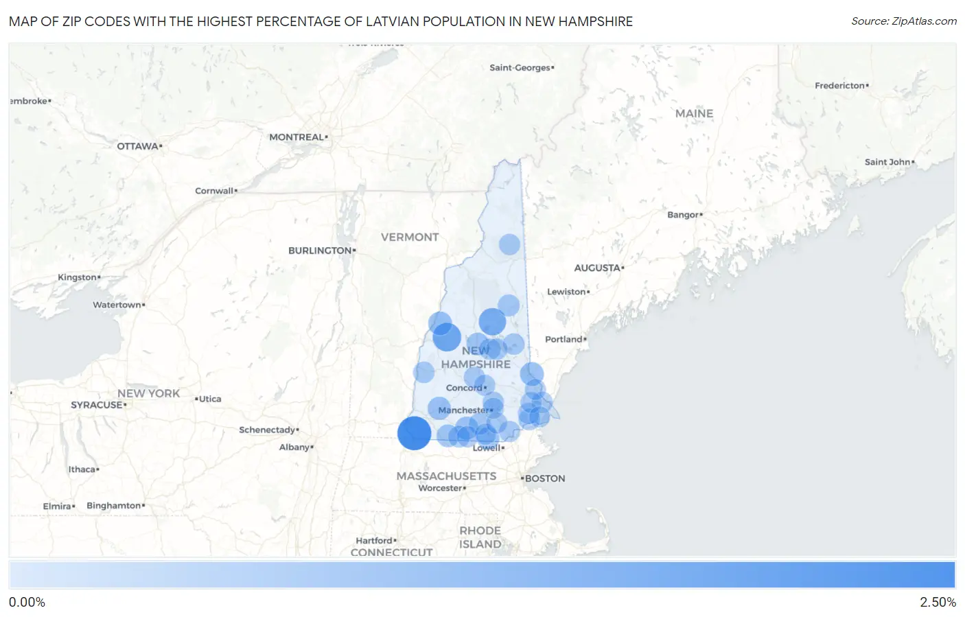 Zip Codes with the Highest Percentage of Latvian Population in New Hampshire Map