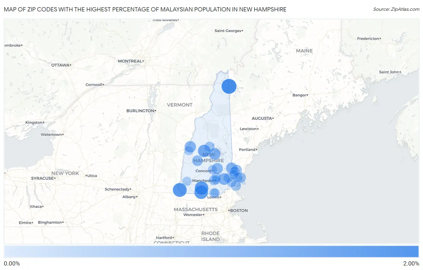 Zip Codes with the Highest Percentage of Malaysian Population in New Hampshire Map