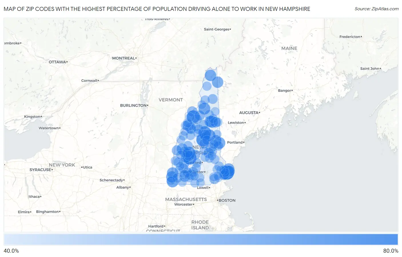 Zip Codes with the Highest Percentage of Population Driving Alone to Work in New Hampshire Map