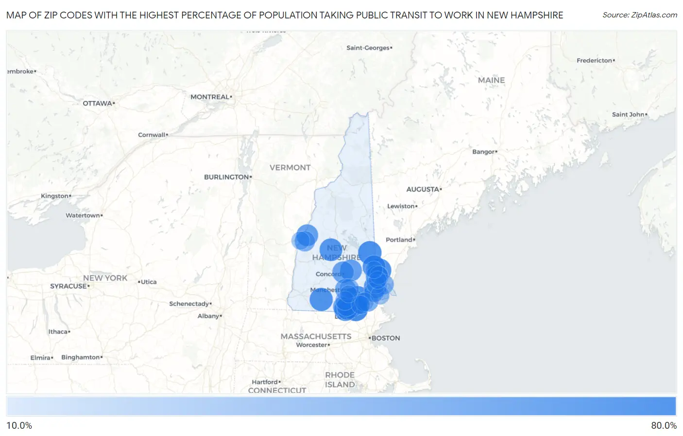 Zip Codes with the Highest Percentage of Population Taking Public Transit to Work in New Hampshire Map